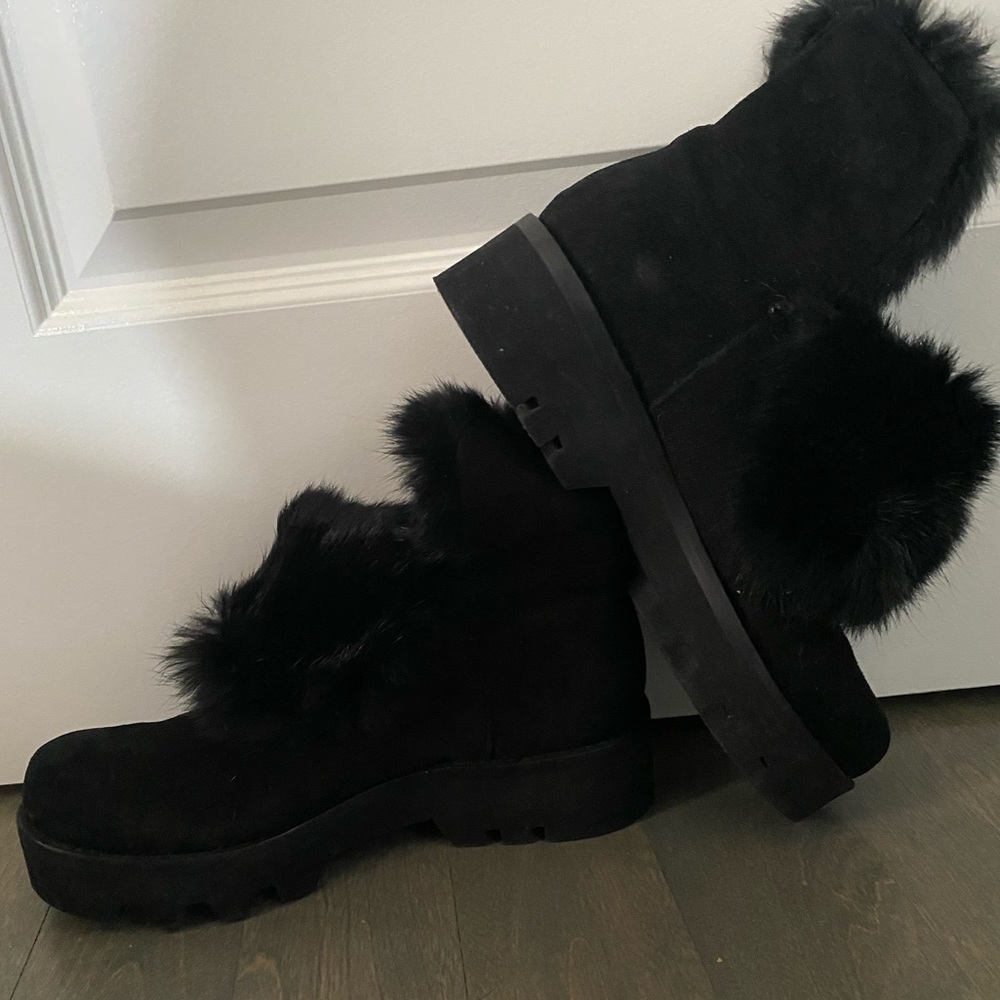 Rachel Zoe Suede Fur Short Cuffed Black Boots Voz - Picture 3 of 7